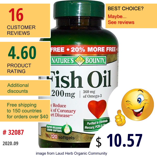 Nature'S Bounty, Fish Oil, Omega-3, 1200 Mg, 120 Softgels  