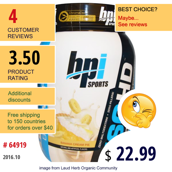 Bpi Sports, Iso Hd, 100% Whey Protein Isolate & Hydrolysate, Banana Cream Pie, 1.6 Lbs (720 G)