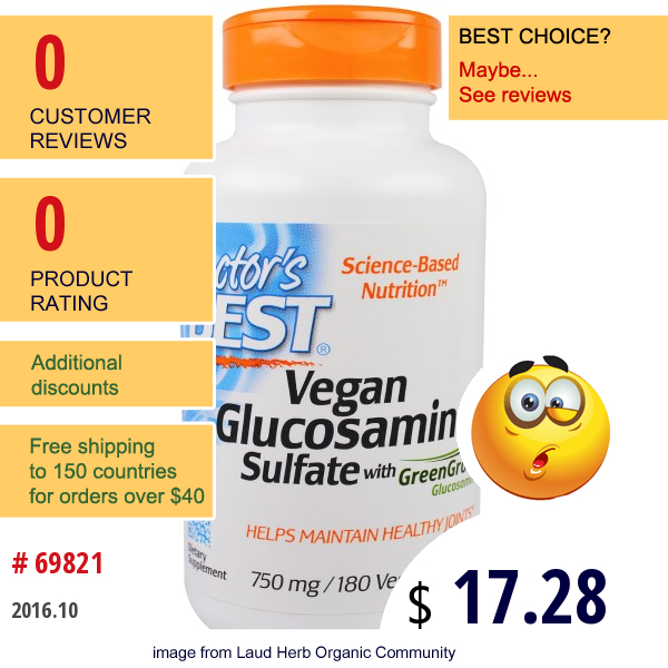 Doctors Best, Vegan Glucosamine Sulfate With Greengrown Glucosamine, 750 Mg, 180 Veggie Caps