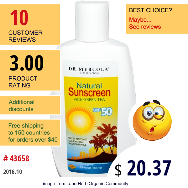 Dr. Mercola, Healthy Skin, Natural Sunscreen, With Green Tea, Spf 50, 5.4 Fl Oz (153.7 G)
