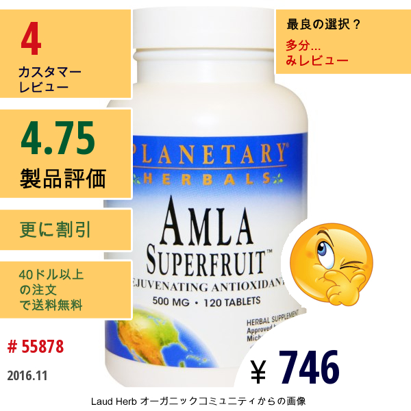 Planetary Herbals, アムラスーパーフルーツ若返りの抗酸化剤, 500 Mg, 120錠