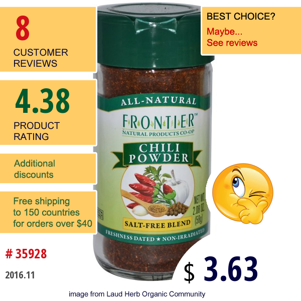 Frontier Natural Products, Chili Powder, Salt-Free Blend, 2.08 Oz (58 G)