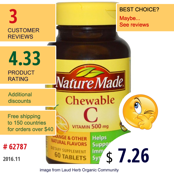Nature Made, Chewable Vitamin C, 500 Mg, 60 Tablets