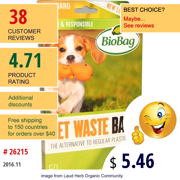 Biobag, Pet Waste Bags, 50 Bags, 11.4 In X 7.9 In X 0.92 Mil (32 Cm X 20 Cm X 23 Um)
