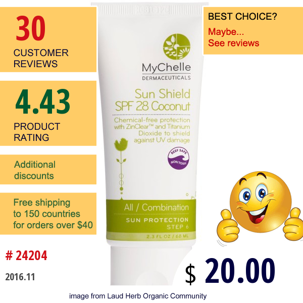 Mychelle Dermaceuticals, Sun Shield Coconut, Spf 28, All / Combination, Sun Protection, Step 6, 2.3 Fl Oz (68 Ml)