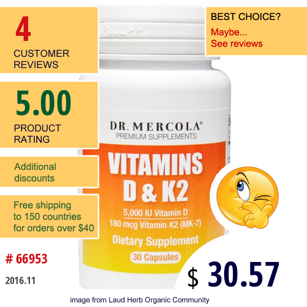 Dr. Mercola, Vitamins D & K2, 30 Capsules