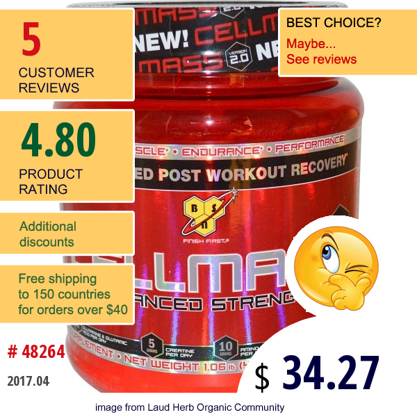 Bsn, Cellmass 2.0, Concentrated Post Workout Recovery, Watermelon, 1.06 Lbs (485 G)