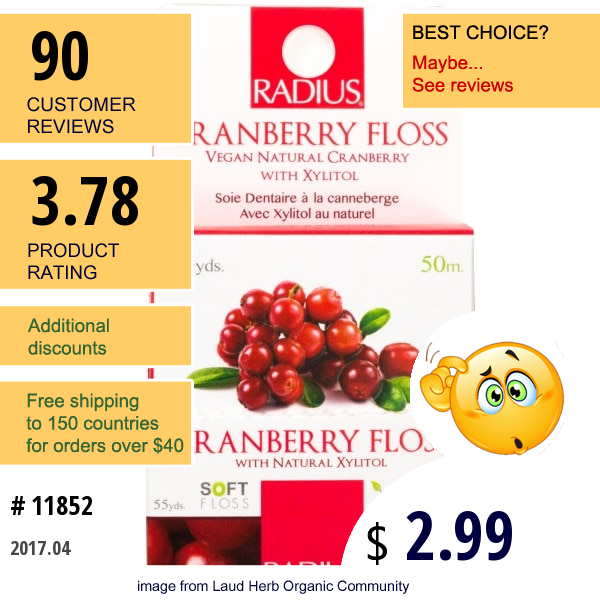 Radius, Vegan Xylitol Cranberry Floss, 55 Yds (50 M)