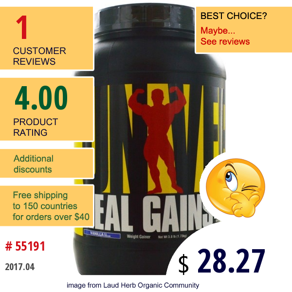 Universal Nutrition, Real Gains, Weight Gainer, Vanilla Ice Cream, 3.8 Lb (1.73 Kg)  