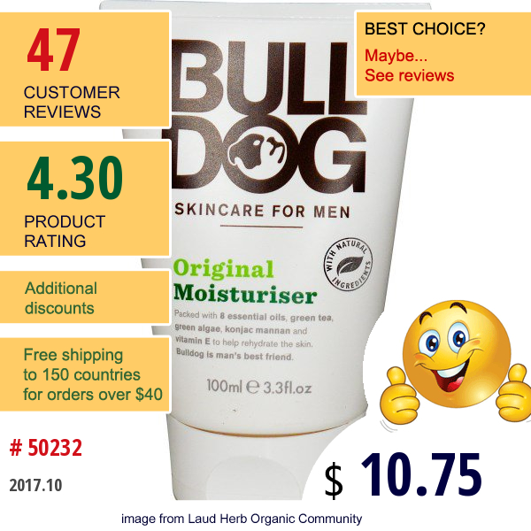 Bulldog Skincare For Men, Moisturizer, Original, 3.3 Fl Oz (100 Ml)