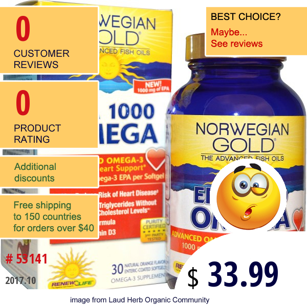 Renew Life, Norwegian Gold, Epa 1000 Omega, Orange Flavor, 1000 Mg, 30 Enteric-Coated Softgels  