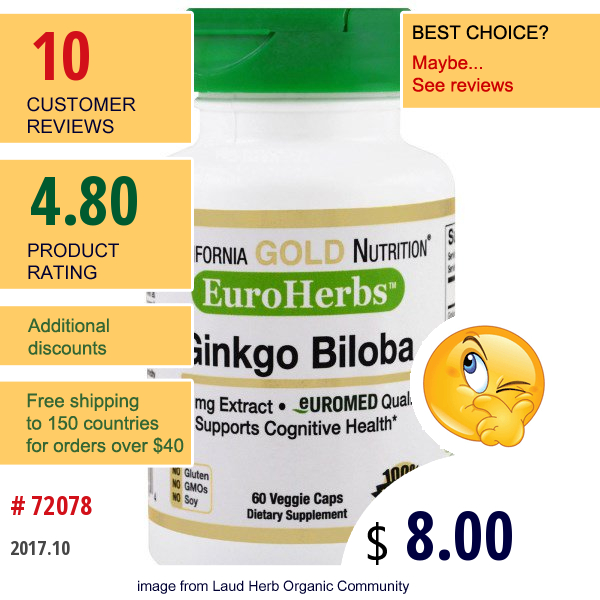 California Gold Nutrition, Cgn, Gingko Biloba Extract, Euroherbs, 120 Mg, 60 Veggie Caps