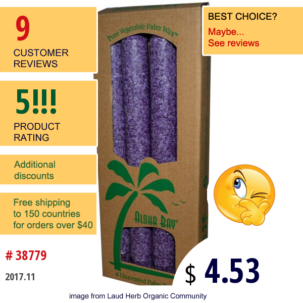 Aloha Bay, Palm Wax Taper Candles, Unscented, Violet, 4 Pack, 9 In (23 Cm) Each