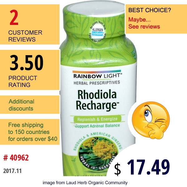 Rainbow Light, Herbal Prescriptives, Rhodiola Recharge, Rhodiola & American Ginseng, 60 Veggie Caps  