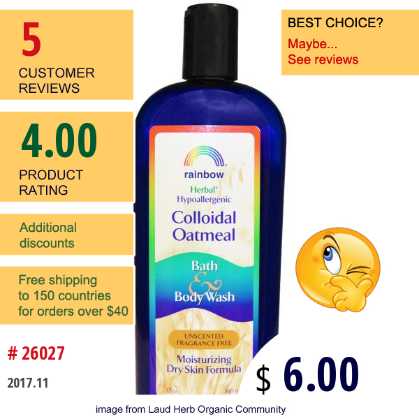 Rainbow Research, Colloidal Oatmeal Bath & Body Wash, Unscented Fragrance Free, 12 Oz (360 Ml)