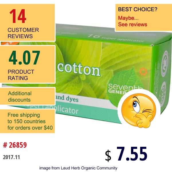 Seventh Generation, Organic Cotton Tampons, Super, Fragrance And Dye Free, 16 Tampons