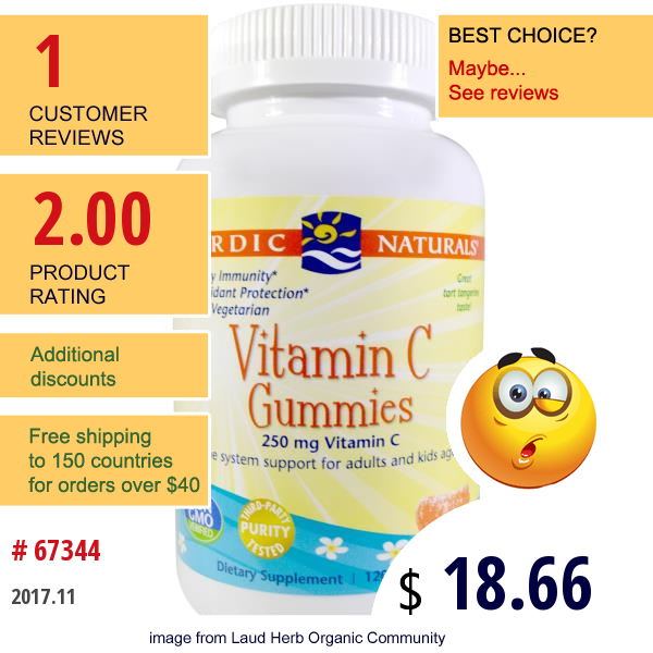 Nordic Naturals, Vitamin C Gummies, Tangerine, 250 Mg, 120 Gummies