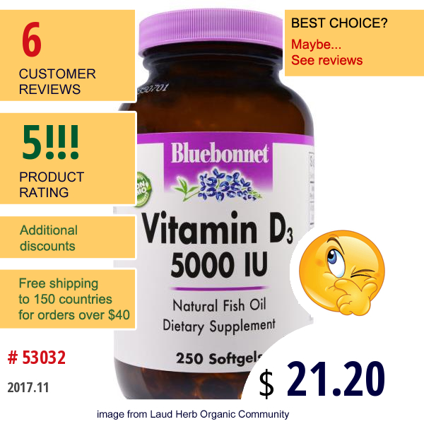 Bluebonnet Nutrition, Vitamin D3, 5000 Iu, 250 Softgels