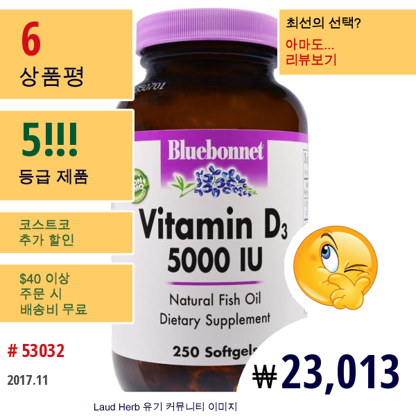 Bluebonnet Nutrition, 비타민 D3, 5000 Iu, 250 소프트젤
