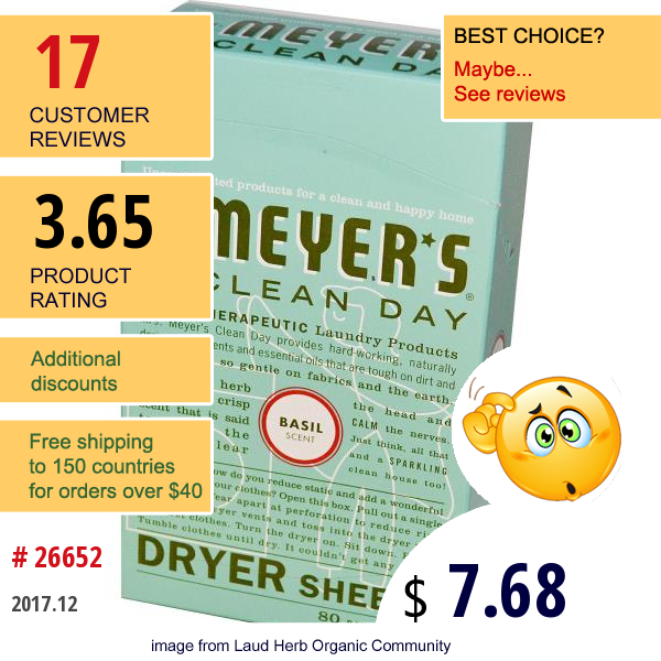 Mrs. Meyers Clean Day, Dryer Sheets, Basil Scent, 80 Sheets