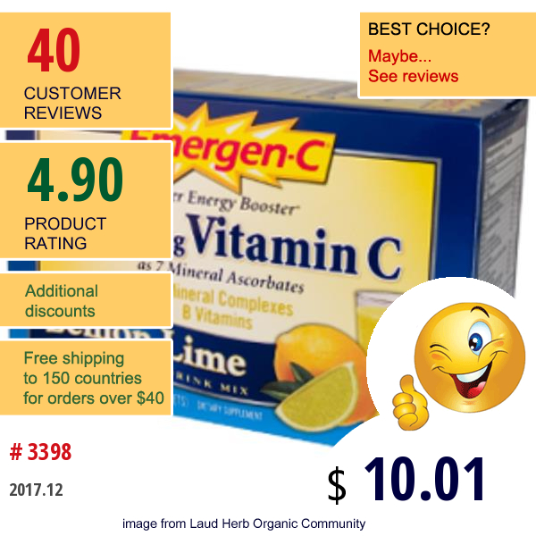 Emergen-C, Emergen-C, Vitamin C, Lemon Lime, Flavored Fizzy Drink Mix, 36 Packets, 0.3 Oz (9.3 G) Each  