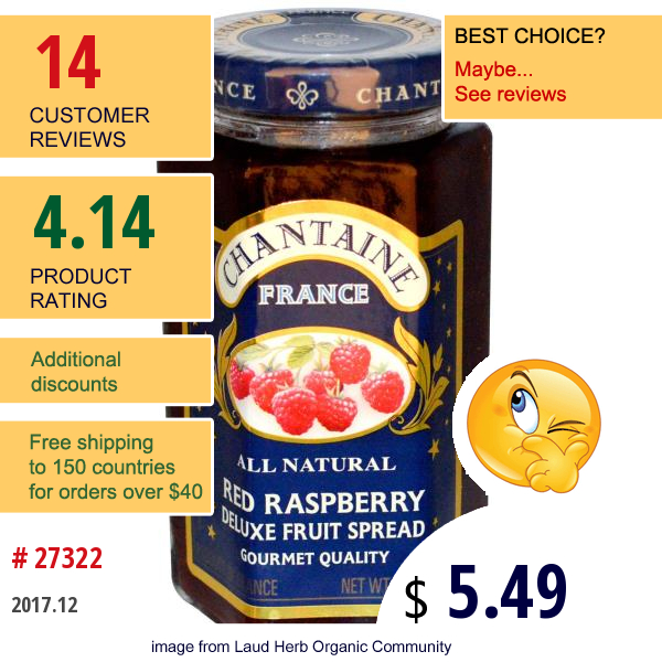 Chantaine, Deluxe Fruit Spread, Red Raspberry, 11.5 Oz (325 G)