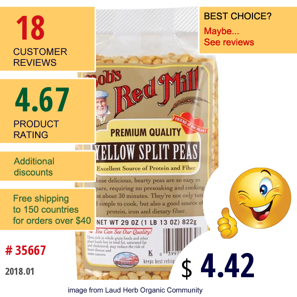 Bobs Red Mill, Yellow Split Peas, 29 Oz (822 G)