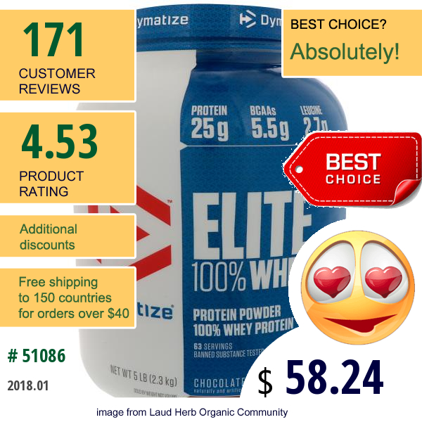 Dymatize Nutrition, Elite 100% Whey Protein Powder, Chocolate Fudge, 5 Lbs (2.3 Kg)