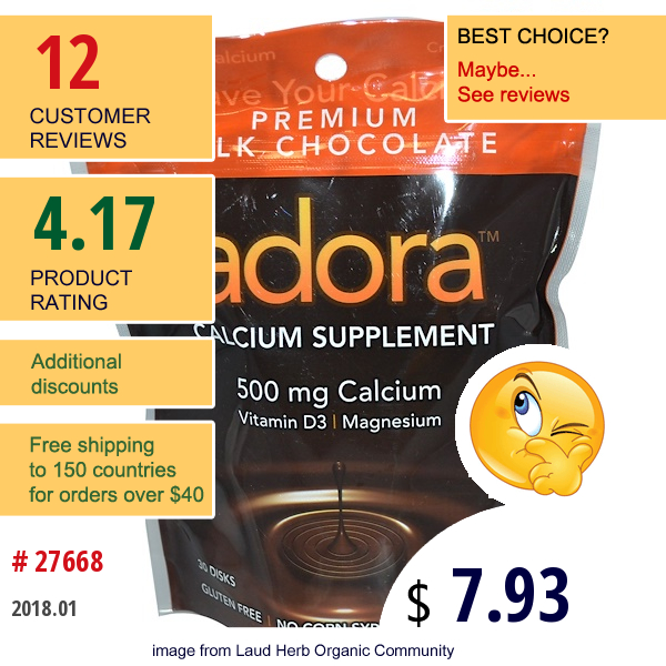 Adora, Calcium Supplement, Premium Milk Chocolate, 500 Mg, 30 Disks Adora, Calcium Supplement, Premium Milk Chocolate, 500 Mg, 30 Disks