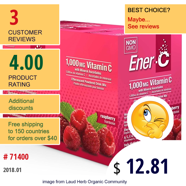 Ener-C, Vitamin C, Effervescent Powdered Drink Mix, Raspberry, 30 Packets, 9.8 Oz (277 G)