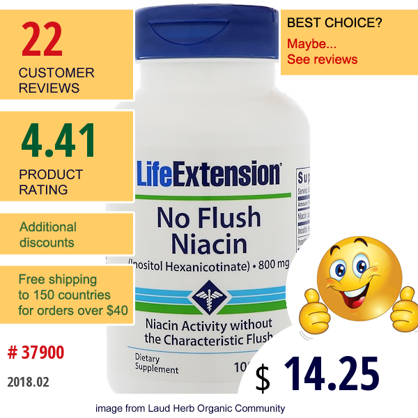 Life Extension, No Flush Niacin, 800 Mg, 100 Capsules