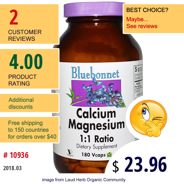 Bluebonnet Nutrition, Calcium Magnesium, 1:1 Ratio, 180 Vcaps