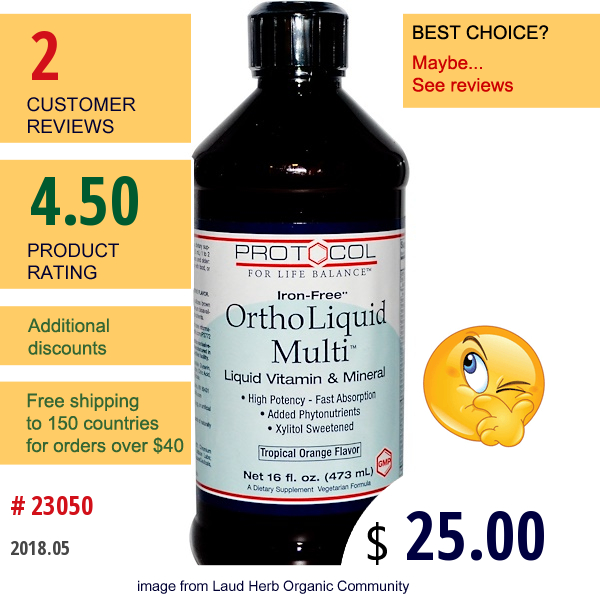 Protocol For Life Balance, Ortho Liquid Multi, Iron Free, Tropical Orange Flavor, 16 Fl Oz (473 Ml)  