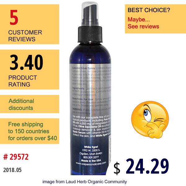 White Egret Personal Care, Colloidal Silver Spray, 30 Ppm, 8 Fl Oz (237 Ml)  