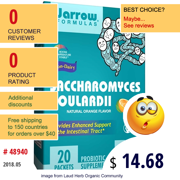 Jarrow Formulas, Saccharomyces Boulardii, Natural Orange Flavor, 20 Packets  