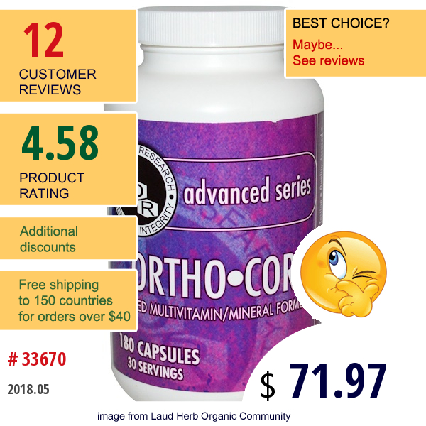 Advanced Orthomolecular Research Aor, Ortho-Core, Advanced Multivitamin/mineral Formula, 180 Capsules