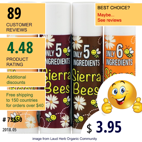 Sierra Bees, Organic Lip Balms, Variety Pack, 4 Pack, .15 Oz (4.25 G) Each
