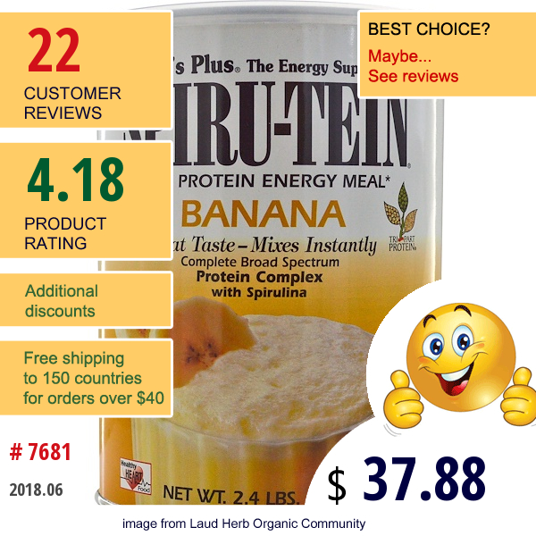Natures Plus, Spiru-Tein, High Protein Energy Meal, Banana, 2.4 Lbs (1088 G)