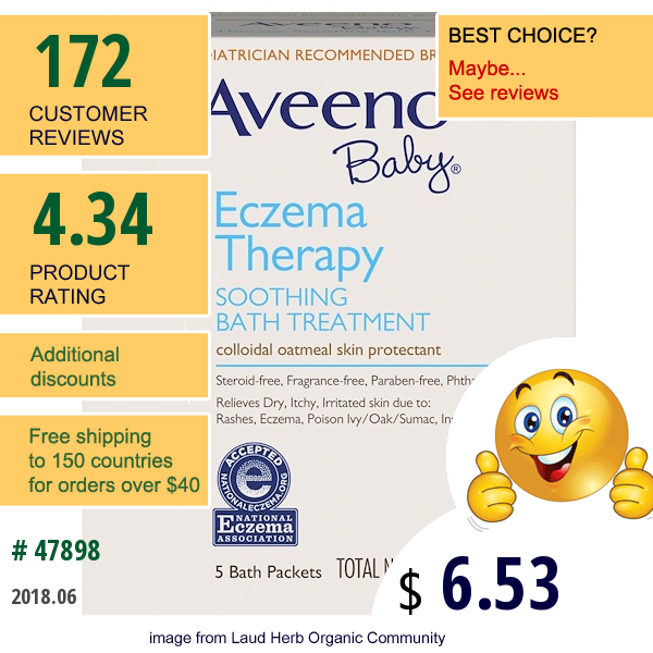 Aveeno, Baby, Eczema Therapy, Soothing Bath Treatment, Fragrance Free, 5 Bath Packets, 3.75 Oz (106 G)