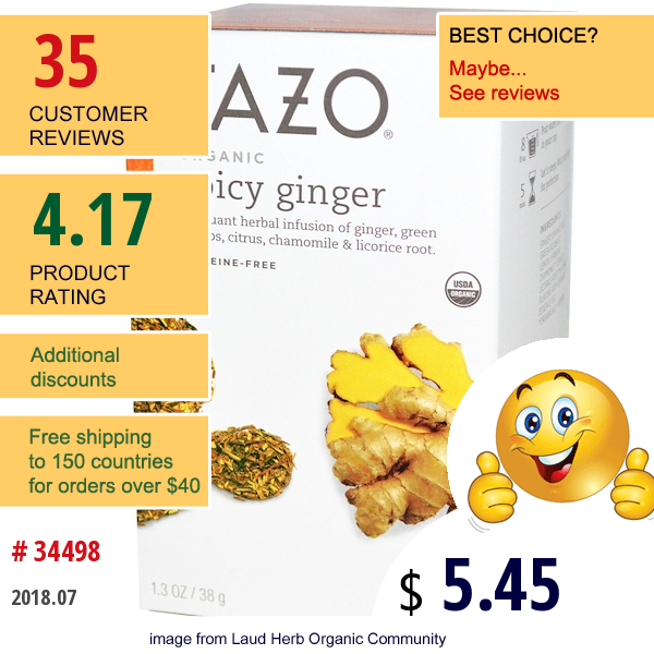Tazo Teas, Organic, Herbal Tea, Spicy Ginger, Caffeine-Free, 20 Filterbags, 1.3 Oz (38 G)