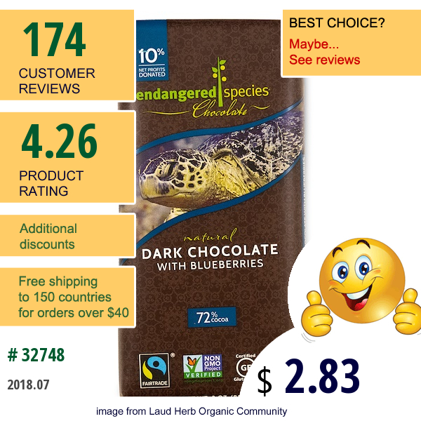 Endangered Species Chocolate, Natural Dark Chocolate With Blueberries, 3 Oz (85 G)