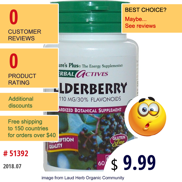 Natures Plus, Herbal Actives, Elderberry, 110 Mg, 60 Veggie Caps  