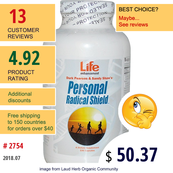 Life Enhancement, Durk Pearson & Sandy Shaws, Personal Radical Shield, 336 Capsules