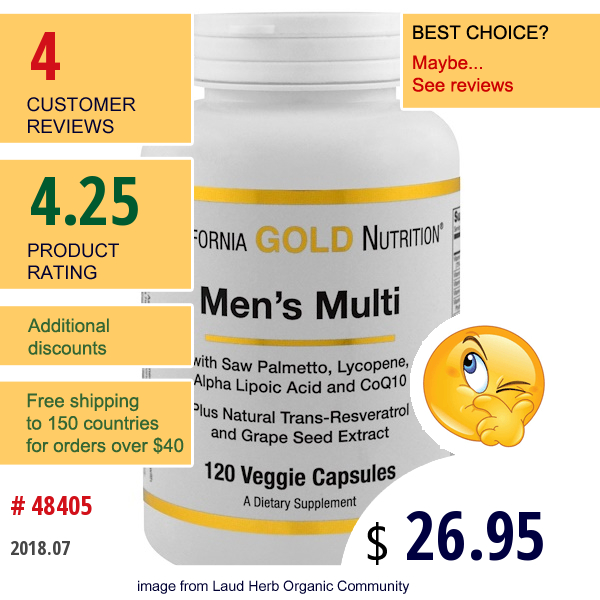 California Gold Nutrition, Mens Multi, 120 Veggie Caps  