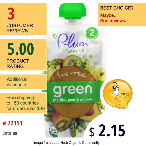 Plum Organics, Stage 2, Eat Your Colors, Green, Pea, Kiwi, Pear & Avocado, 3.5 Oz (99 G)