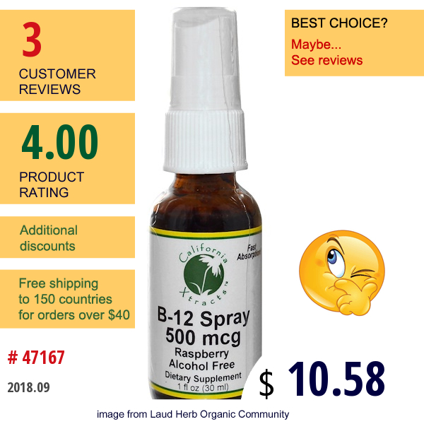 California Xtracts, B-12 Spray, Alcohol Free, Raspberry, 500 Mcg, 1 Fl Oz (30 Ml)  