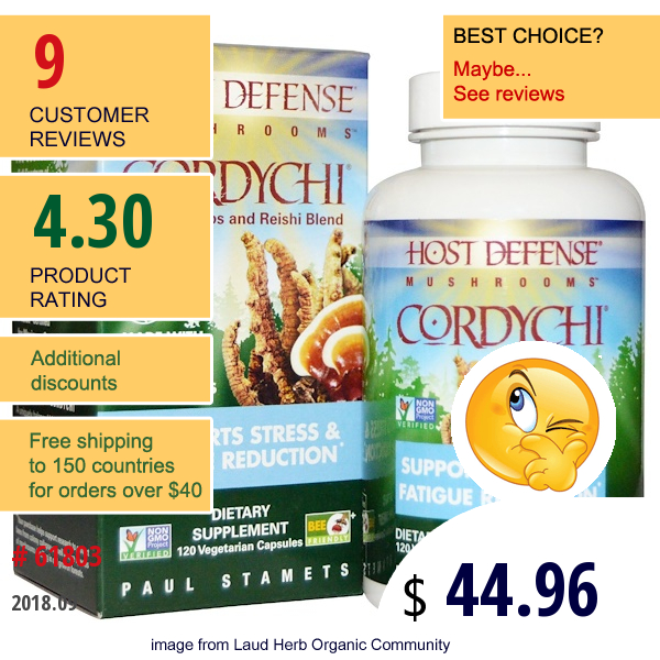 Fungi Perfecti, Host Defense, Cordychii, Supports Stress & Fatigue Reduction, 120 Veggie Caps