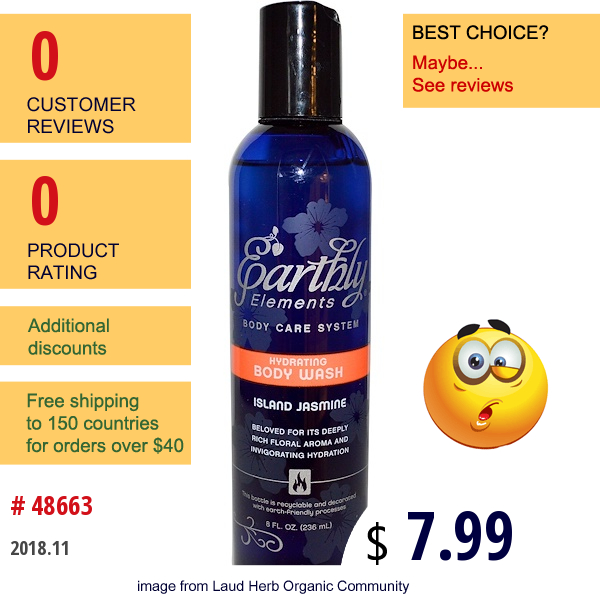 Solgar, Earthly Elements, Hydrating Body Wash, Island Jasmine, 8 Fl Oz (236 Ml) Solgar, Earthly Elements, Hydrating Body Wash, Island Jasmine, 8 Fl Oz (236 Ml)