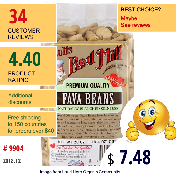 Bobs Red Mill, Fava Beans, Naturally Blanched Skinless, 20 Oz (567 G)