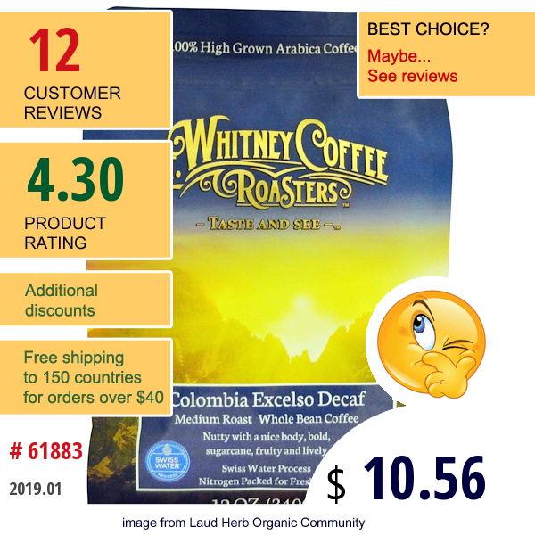 Mt. Whitney Coffee Roasters, Columbia Excelso Decaf, Whole Bean Coffee, Medium Roast, 12 Oz (340 G)